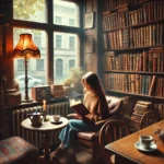 Un acogedor café vintage con mesas de madera y estanterías llenas de libros desgastados y coloridos. Una mujer joven está sentada en un sillón cerca de una ventana, sosteniendo un libro de cuero envejecido sin título. Una lámpara de estilo antiguo emite una luz cálida y suave que ilumina la escena. El café tiene un ambiente nostálgico y atemporal, con detalles como tazas de café humeantes y música tenue. Afuera, se observa una mañana tranquila y ligeramente nublada.